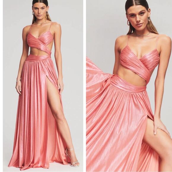 Retrofete Aglaia Cutout Ruched Metallic Lame Calypso Coral Maxi Dress Size Small - Picture 4 of 11